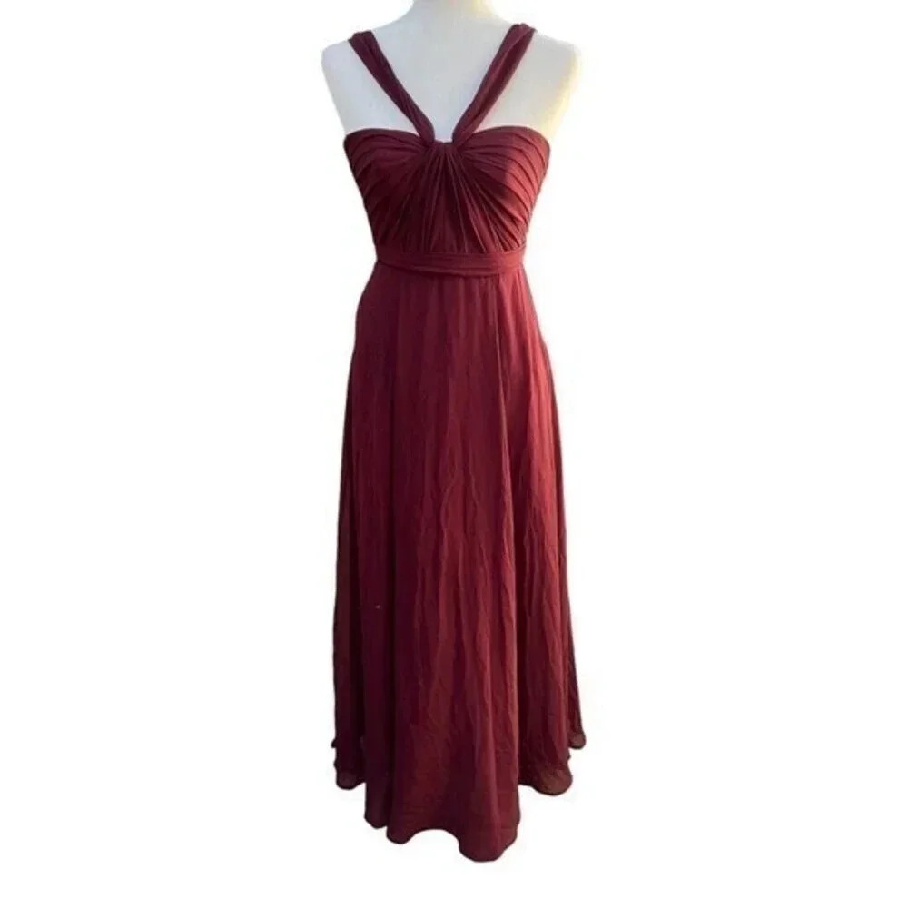 Amsale Sz 0 Cerisa Ruby Bridesmaid Gown Full Chiffon Skirt‎ Ruched Bodice GB033F